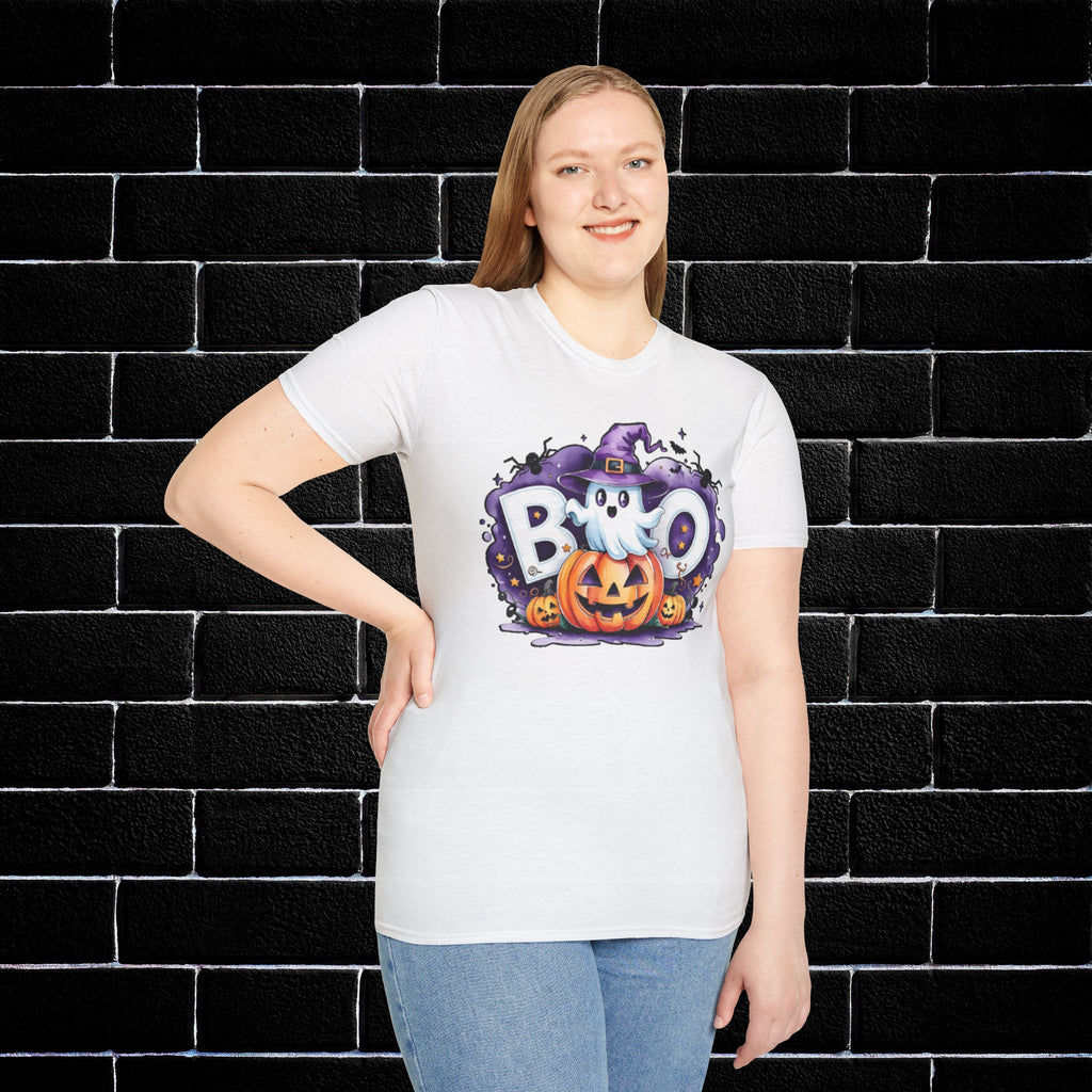 Halloween Ghost & Pumpkin T-Shirt, Unisex Tee for Halloween Parties, Festive Fall Apparel, Boo Graphic Shirt, Spooky Season Clothing