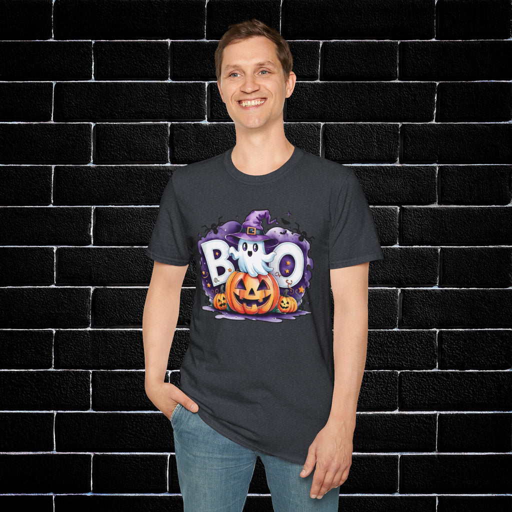 Halloween Ghost & Pumpkin T-Shirt, Unisex Tee for Halloween Parties, Festive Fall Apparel, Boo Graphic Shirt, Spooky Season Clothing