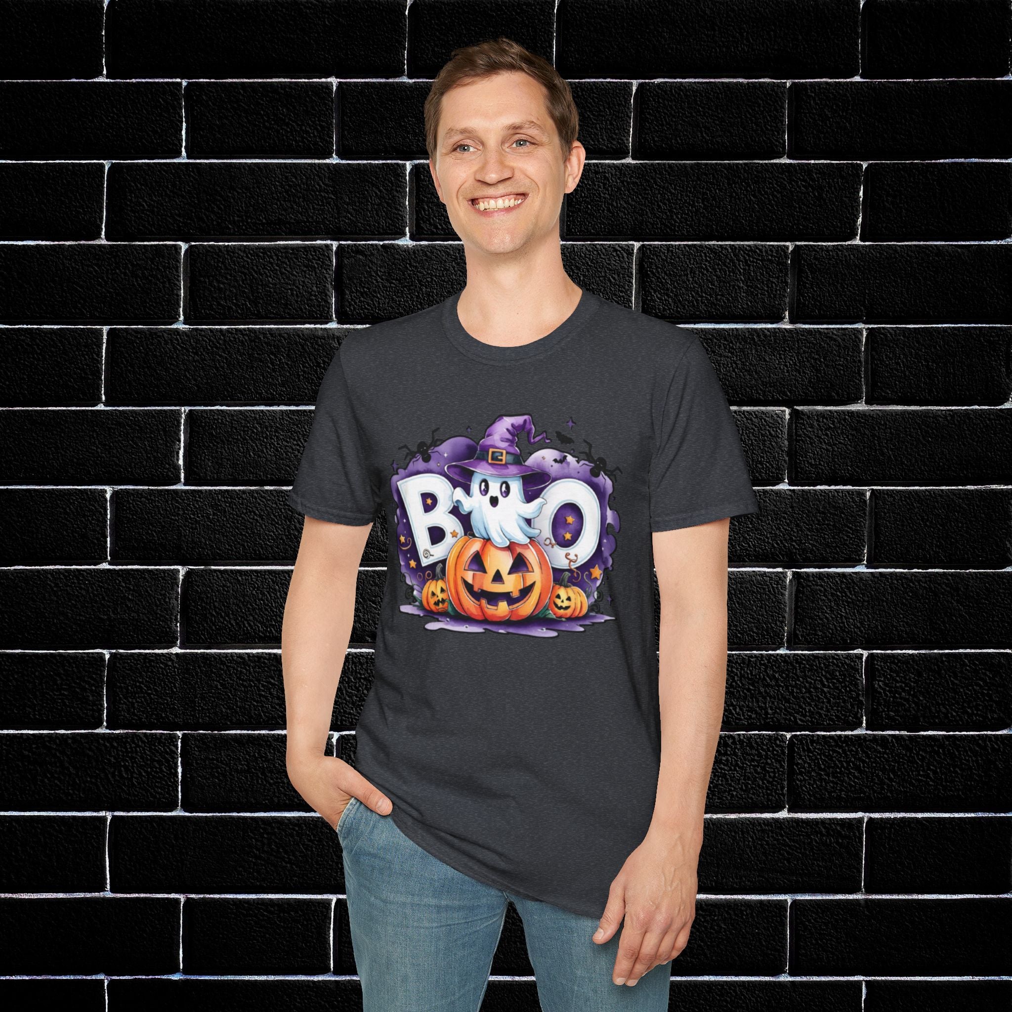 Halloween Ghost & Pumpkin T-Shirt, Unisex Tee for Halloween Parties, Festive Fall Apparel, Boo Graphic Shirt, Spooky Season Clothing