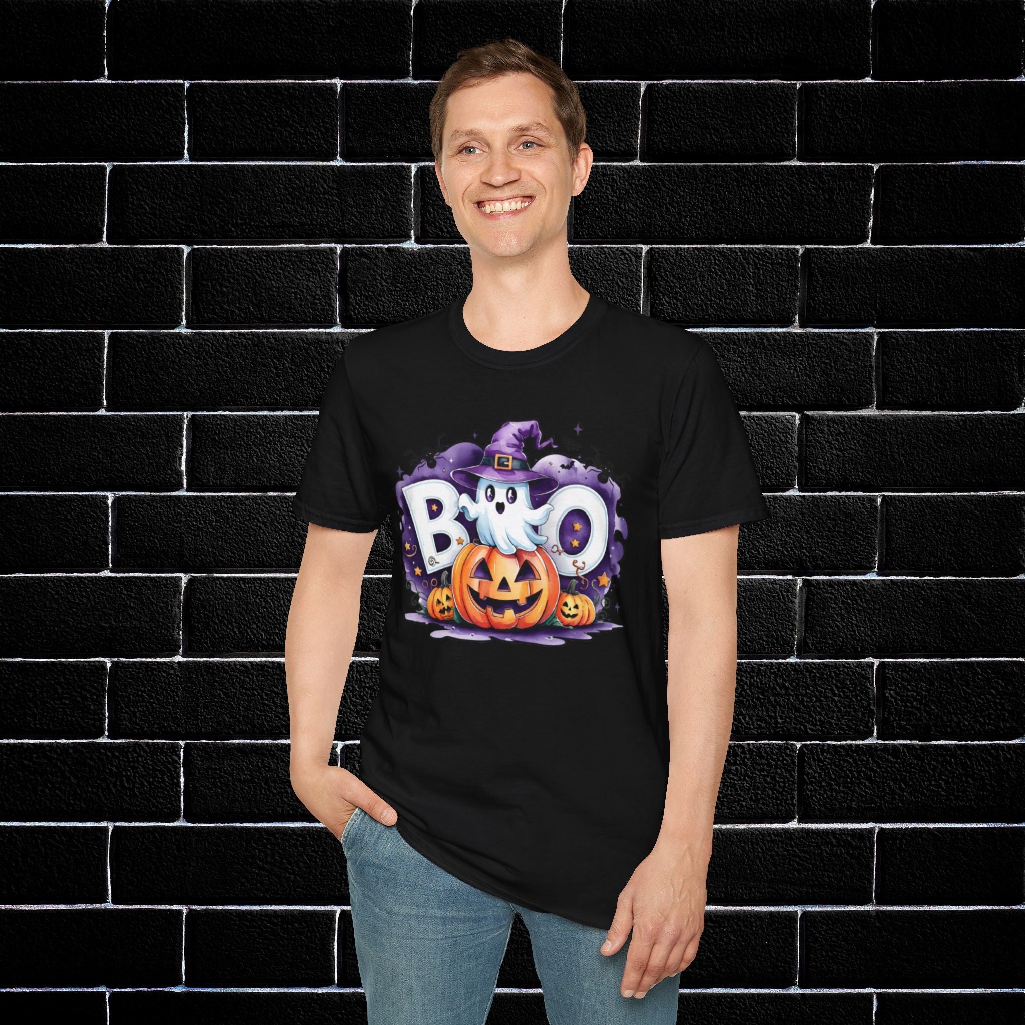 Halloween Ghost & Pumpkin T-Shirt, Unisex Tee for Halloween Parties, Festive Fall Apparel, Boo Graphic Shirt, Spooky Season Clothing