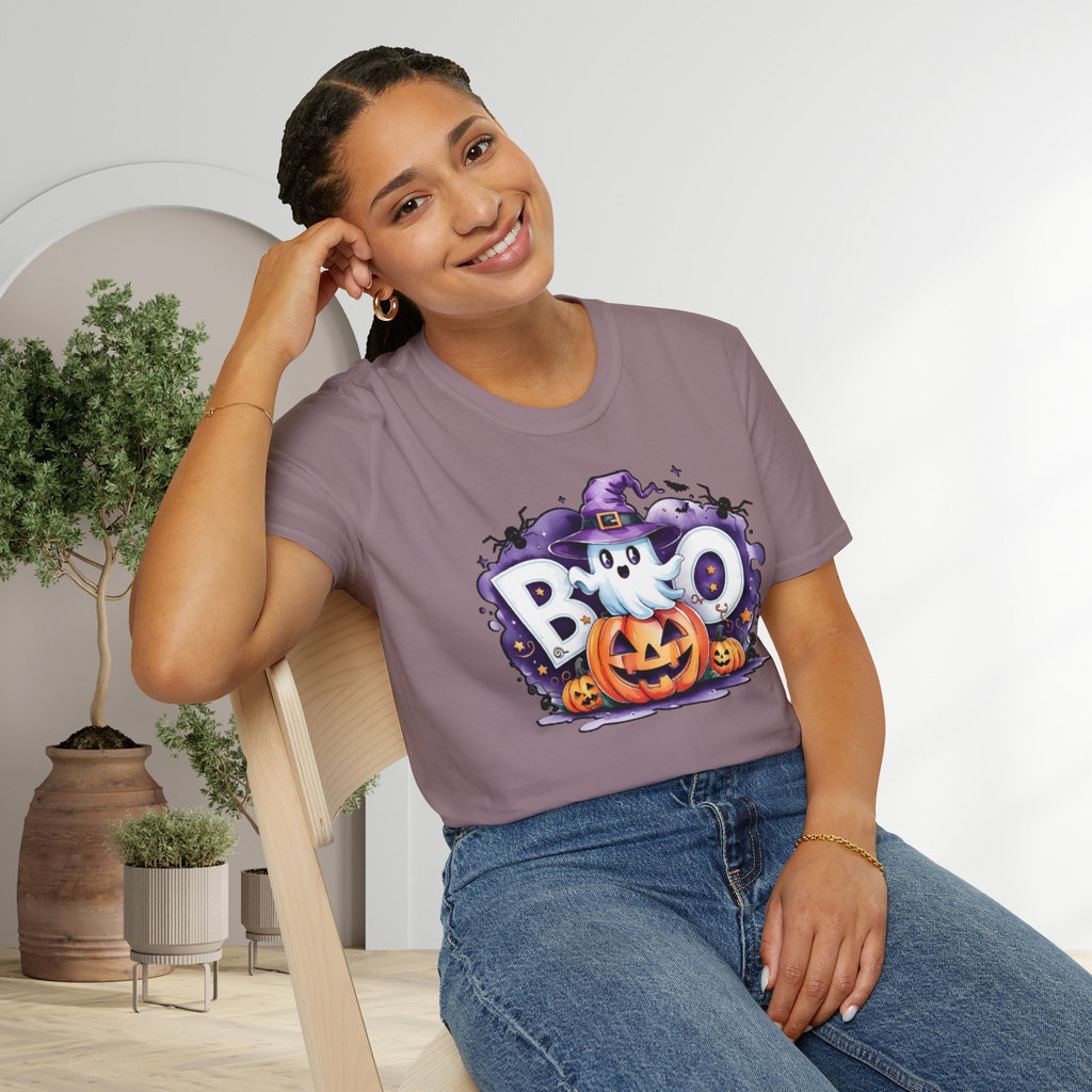 Halloween Ghost & Pumpkin T-Shirt, Unisex Tee for Halloween Parties, Festive Fall Apparel, Boo Graphic Shirt, Spooky Season Clothing