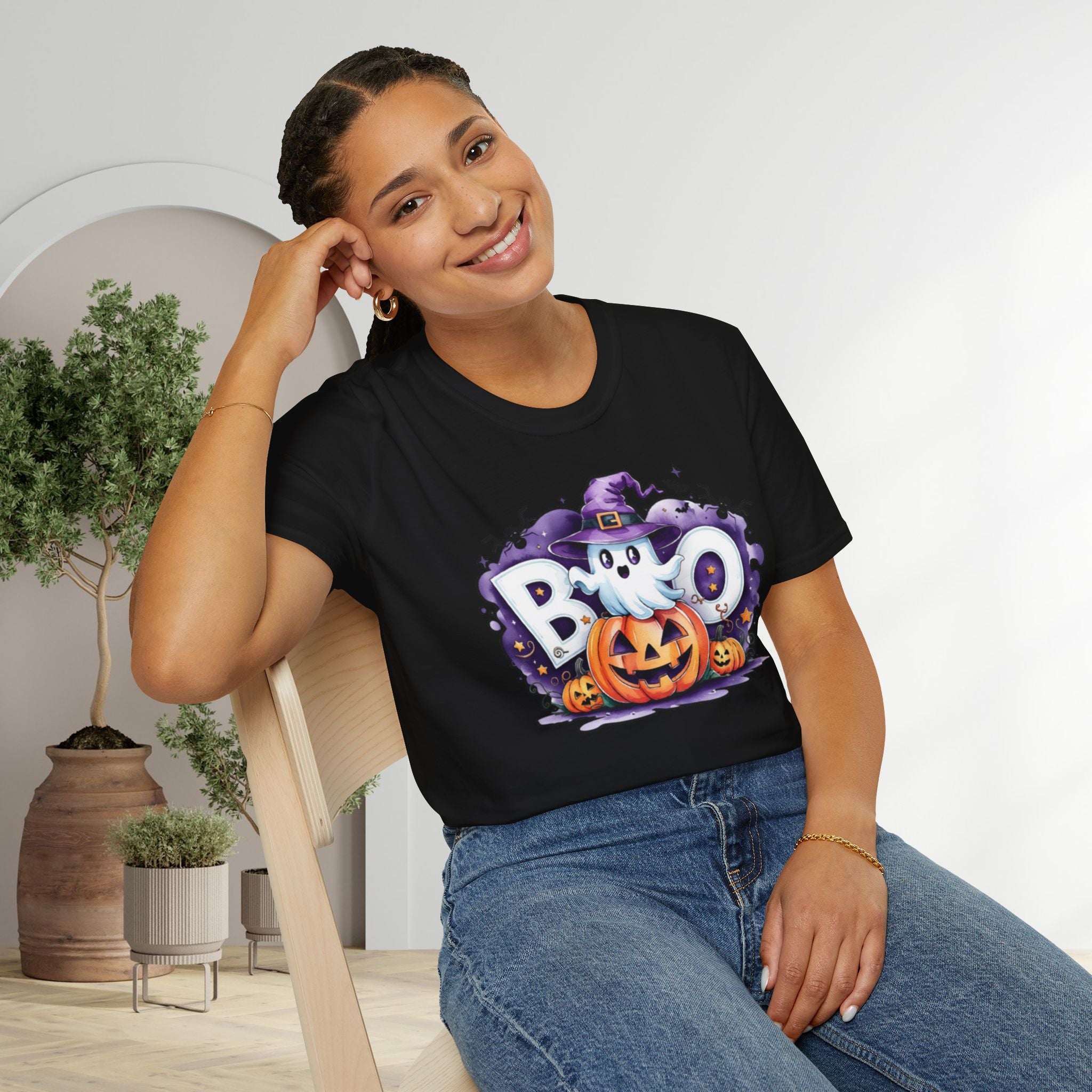 Halloween Ghost & Pumpkin T-Shirt, Unisex Tee for Halloween Parties, Festive Fall Apparel, Boo Graphic Shirt, Spooky Season Clothing