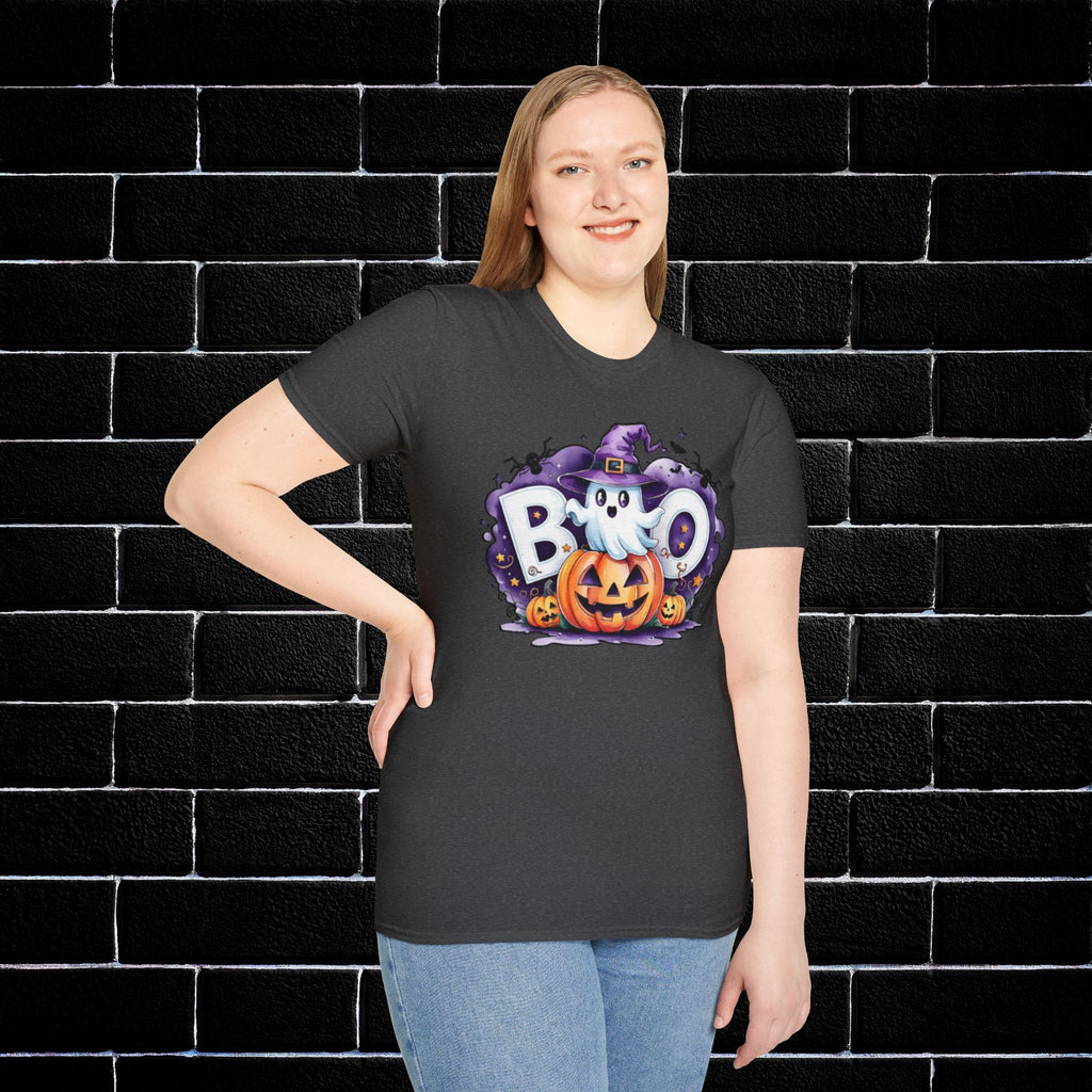 Halloween Ghost & Pumpkin T-Shirt, Unisex Tee for Halloween Parties, Festive Fall Apparel, Boo Graphic Shirt, Spooky Season Clothing