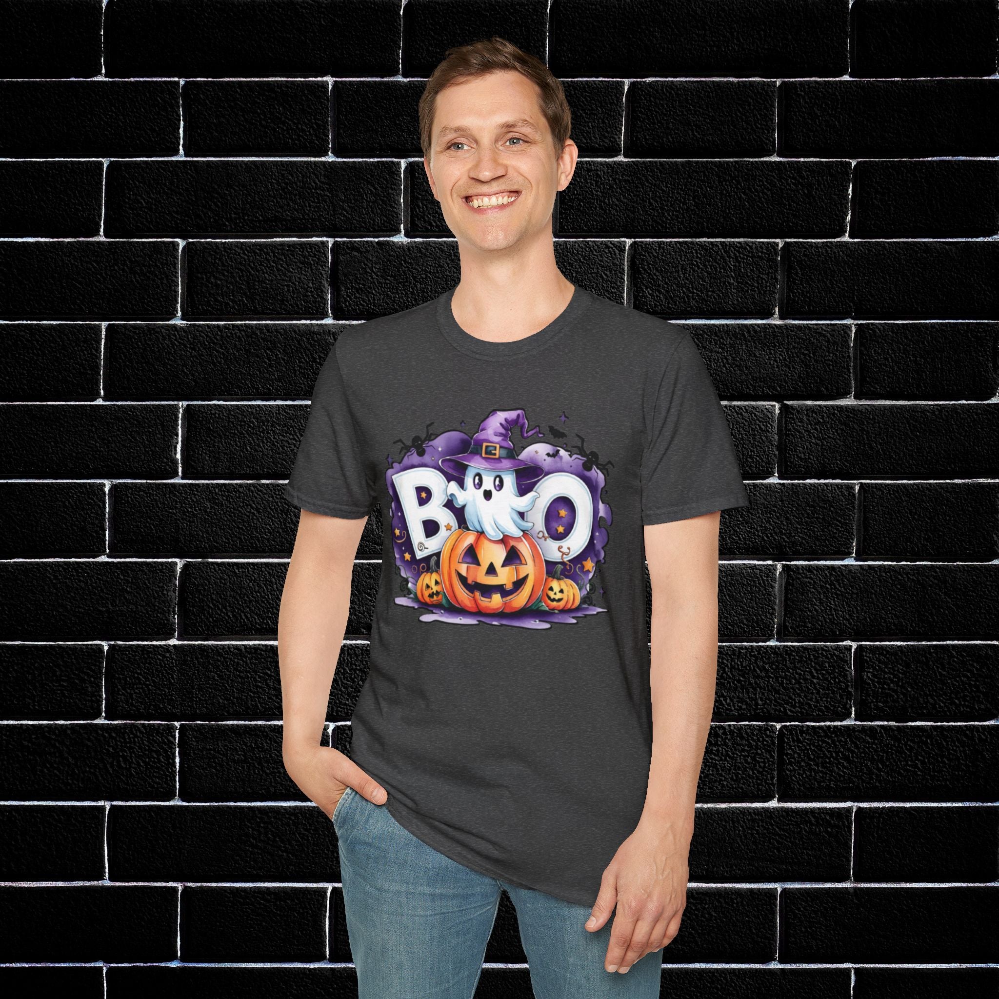 Halloween Ghost & Pumpkin T-Shirt, Unisex Tee for Halloween Parties, Festive Fall Apparel, Boo Graphic Shirt, Spooky Season Clothing
