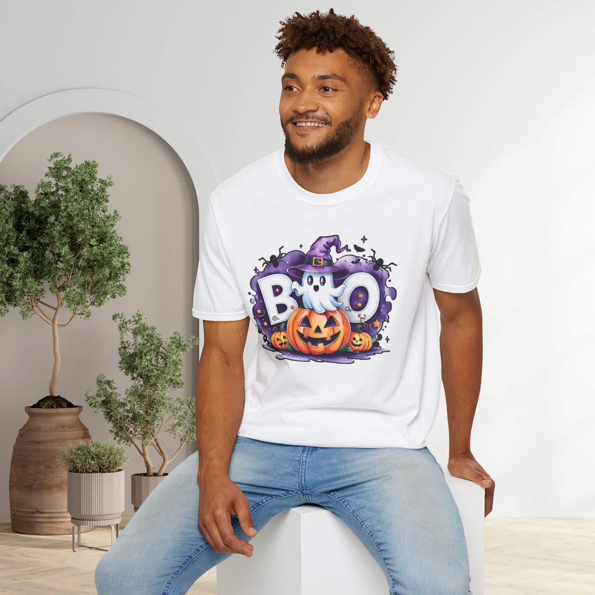 Halloween Ghost & Pumpkin T-Shirt, Unisex Tee for Halloween Parties, Festive Fall Apparel, Boo Graphic Shirt, Spooky Season Clothing