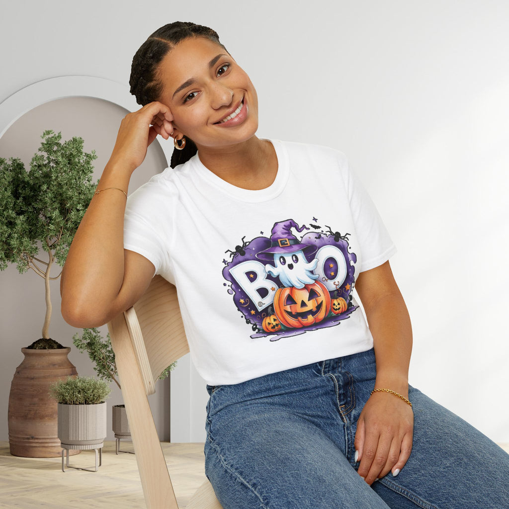 Halloween Ghost & Pumpkin T-Shirt, Unisex Tee for Halloween Parties, Festive Fall Apparel, Boo Graphic Shirt, Spooky Season Clothing