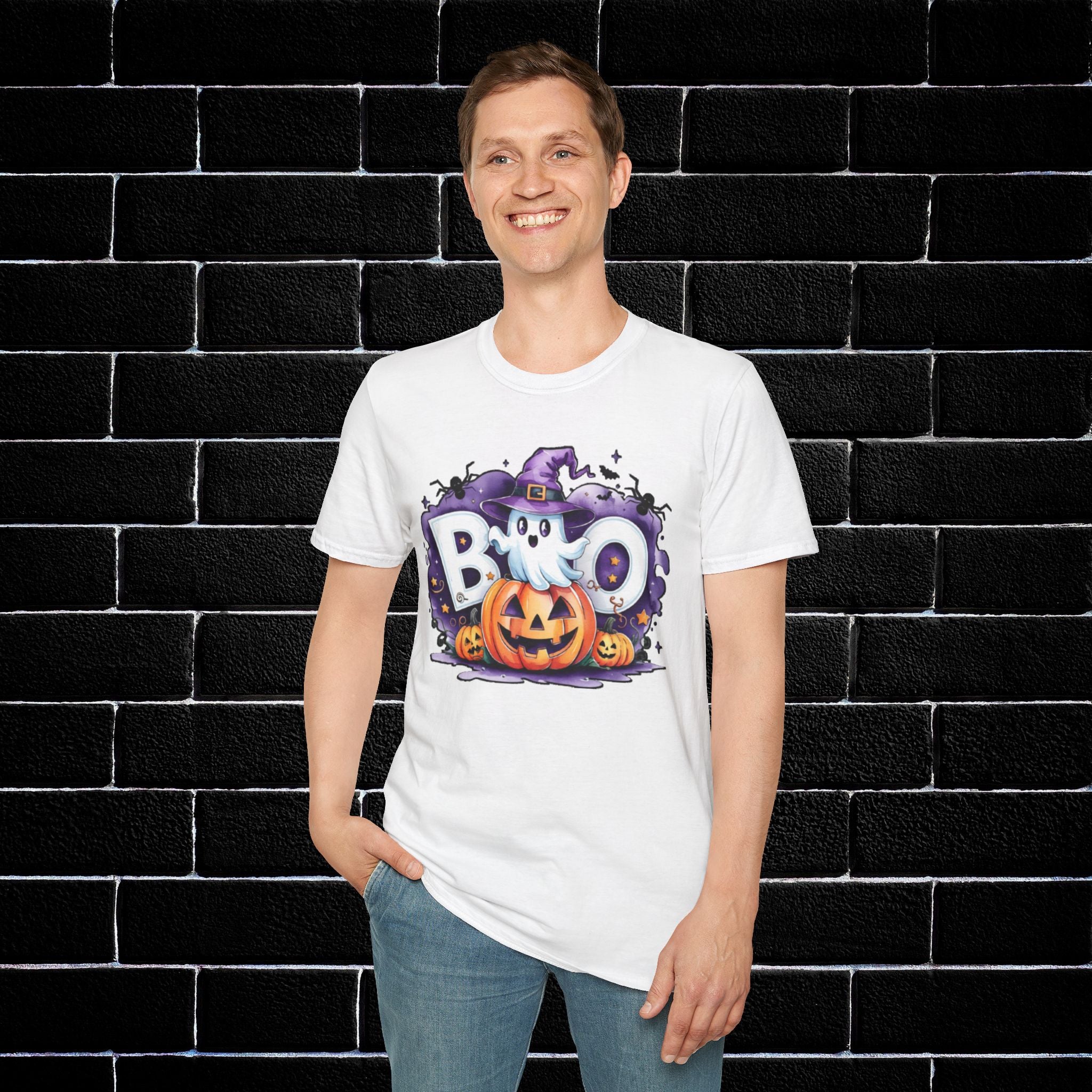 Halloween Ghost & Pumpkin T-Shirt, Unisex Tee for Halloween Parties, Festive Fall Apparel, Boo Graphic Shirt, Spooky Season Clothing