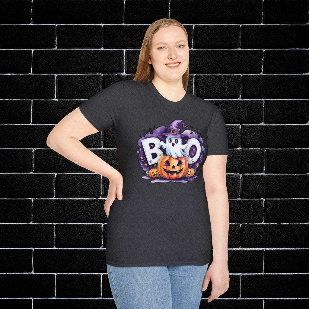 Halloween Ghost & Pumpkin T-Shirt, Unisex Tee for Halloween Parties, Festive Fall Apparel, Boo Graphic Shirt, Spooky Season Clothing