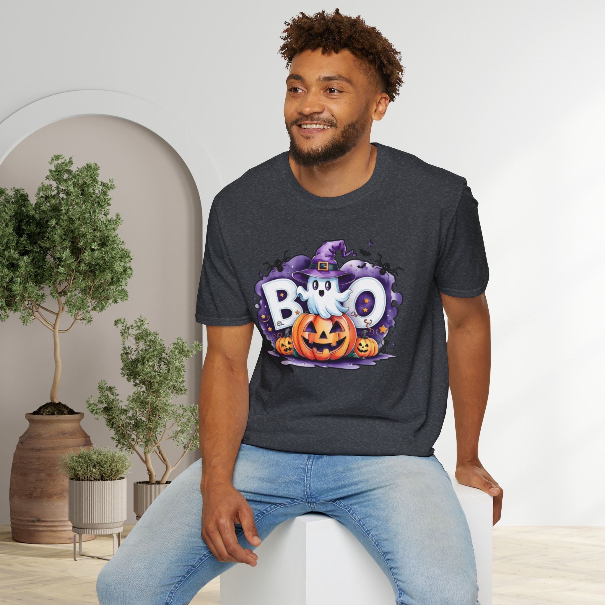 Halloween Ghost & Pumpkin T-Shirt, Unisex Tee for Halloween Parties, Festive Fall Apparel, Boo Graphic Shirt, Spooky Season Clothing