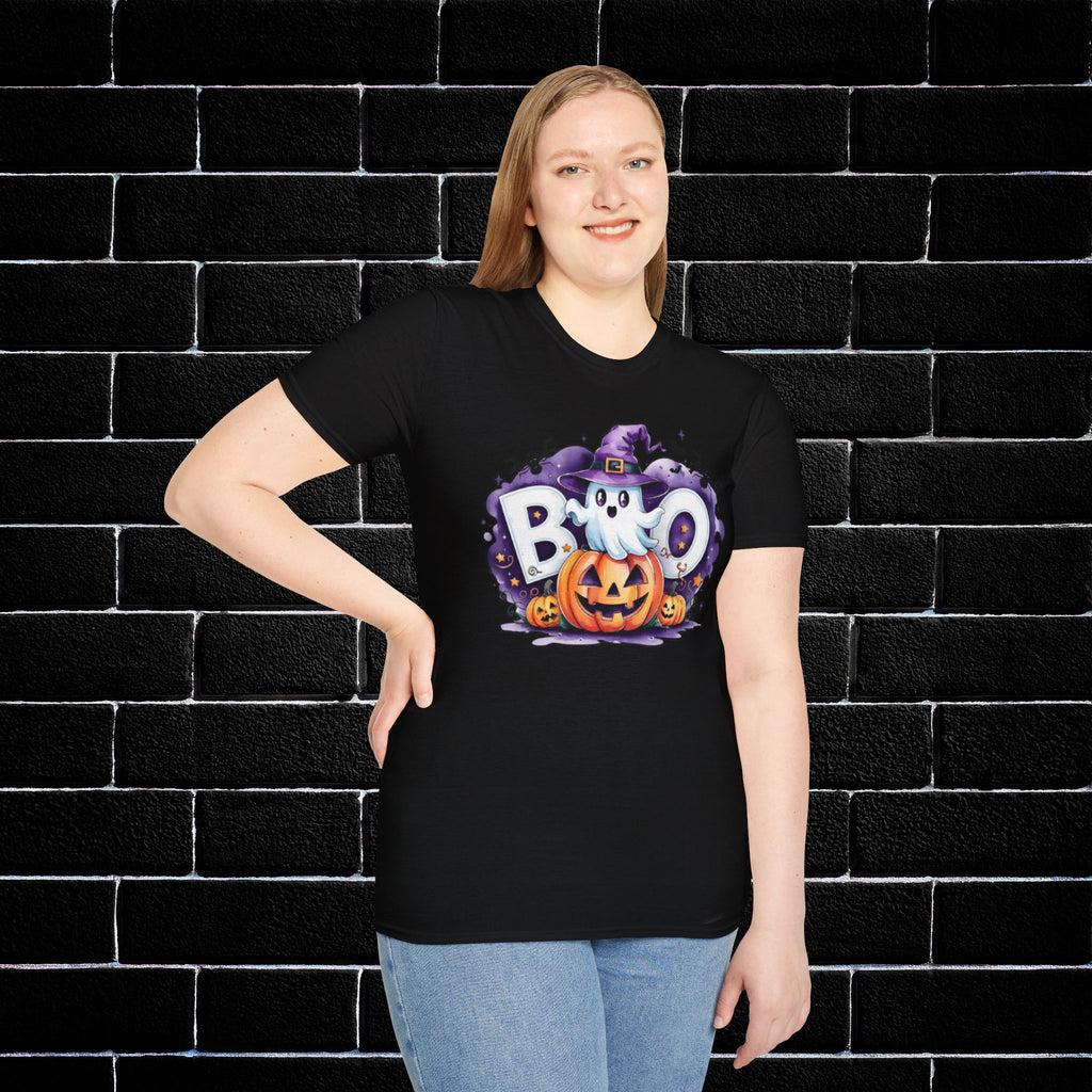 Halloween Ghost & Pumpkin T-Shirt, Unisex Tee for Halloween Parties, Festive Fall Apparel, Boo Graphic Shirt, Spooky Season Clothing